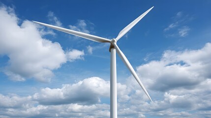 A tall white wind turbine with three blades rotates against a vibrant blue sky dotted with fluffy white clouds