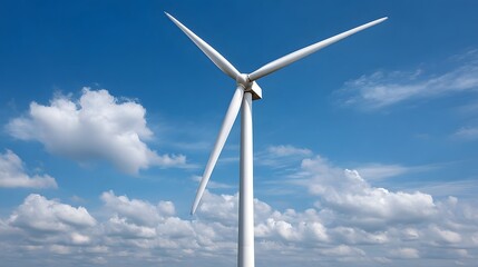 A solitary white wind turbine with spinning blades against a vibrant blue sky filled with fluffy white clouds symbolizing clean energy gene n