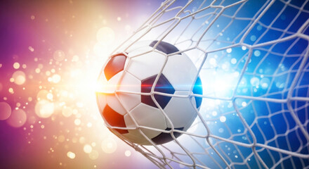 A dynamic image showcasing a soccer ball piercing through a net illuminated by vibrant light