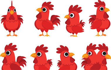 Cute Red Rooster Cartoon Vector Set with Different Poses and Expressions Farm Poultry Character Collection