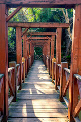 Obraz premium Old wooden bridge in the nature. Landscapes Nature Outdoors Beautiful On Location. Wooden bridge background. A beautiful view of a wooden bridge in the forest