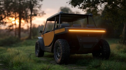 A modern yellow off road vehicle with a glowing orange light bar parked in a serene natural landscape at sunset