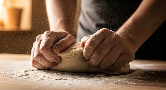 Hands kneading fresh bread dough on rustic wooden surface.