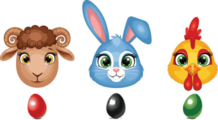 Obraz premium Cute Easter Animal Face Vector Set with Sheep, Bunny and Chicken Characters and Colorful Eggs Illustration