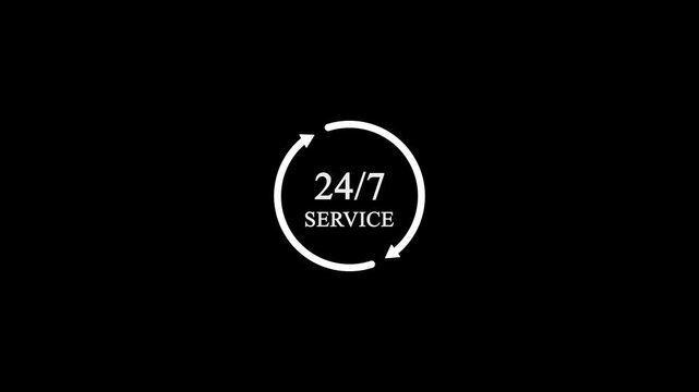 24/7 service icon animation - alpha matte. 4K Video motion Animation. black and white color.