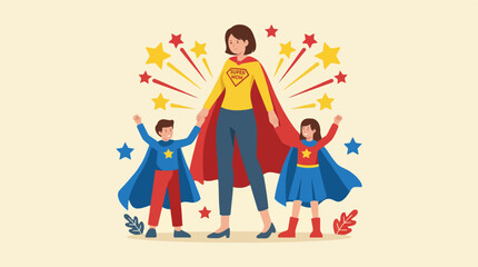Super mom with two superhero children celebrates maternal strength and family bonding moments © Septarim