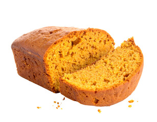 Delicious sliced loaf of freshly baked pumpkin bread on white background.