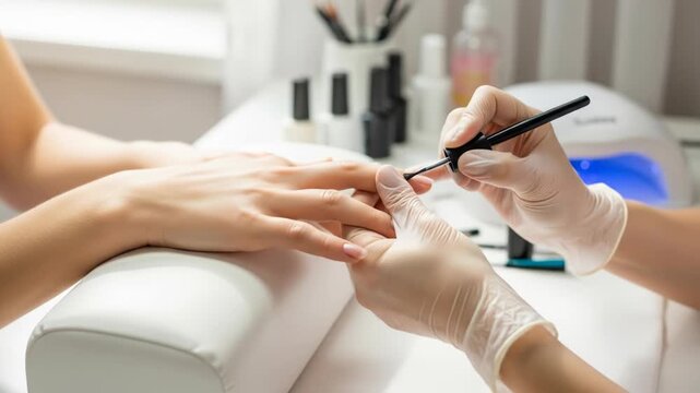 A person receiving a manicure treatment with a nail technician applying polish