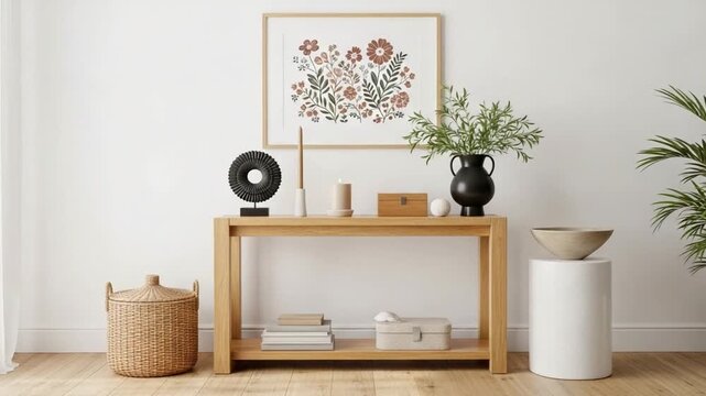 Modern living room interior with wooden console table and decorative items
