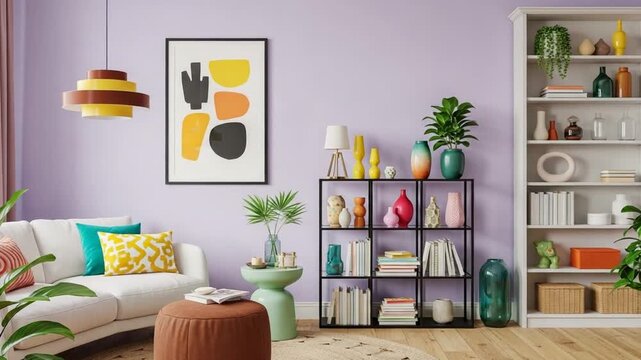 Modern living room interior with purple walls, white couch, and decorative bookshelf