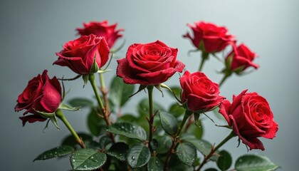 Fototapeta premium Red rose blossoms with water drops on petals and green leaves. Several rich red roses bloom on stems against a soft grey background. Natural beauty of garden flowers.