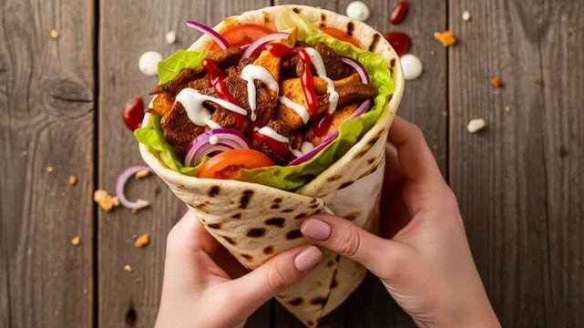 A person holds a large, folded, grilled pita filled with lettuce, meat, onions, carrots, and sauces