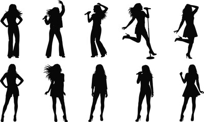 Obraz premium Female performer silhouette illustration set, singing and dancing poses, microphone artwork, expressive figure motif, vector collection for music, entertainment, and stage themes