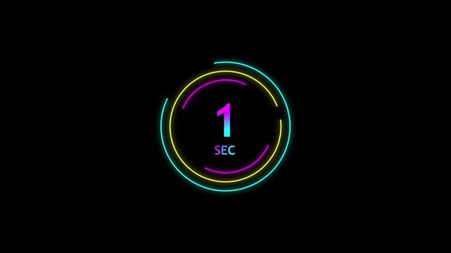 Glowing countdown timer animation for digital clock concept. Neon second counter for stopwatch and speed meter design. Circular time indicator motion for modern tech interface.