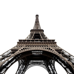 Low‑angle dramatic black silhouette of the Eiffel Tower against a bright white backdrop &mdash; architectural perspective shot