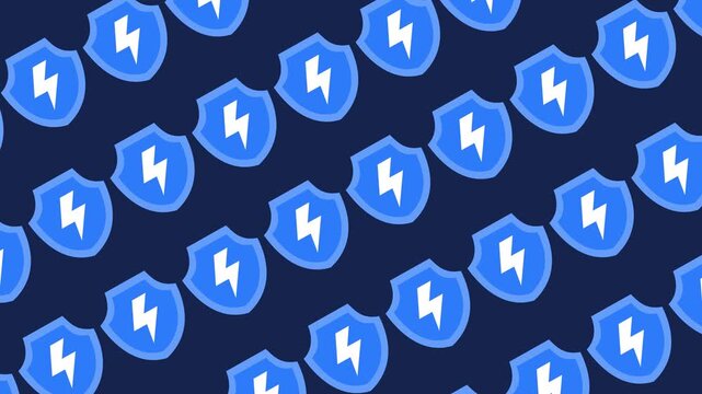 Seamless cybersecurity pattern with shield and lightning bolt icons on dark blue wallpaper. Repeating digital protection background animation for tech banner and flat design antivirus backdrop.