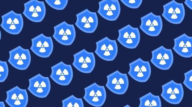 Seamless radiation protection pattern with shield and hazard icons on dark blue wallpaper. Repeating nuclear safety background animation with blue radioactive shield. Horizontal industrial risk banner
