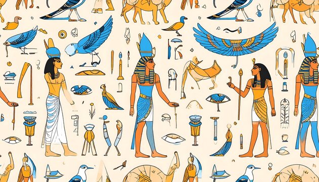 Repeated pattern featuring ancient Egyptian figures, symbols, and wildlife with bright blue and gold details on a cream background