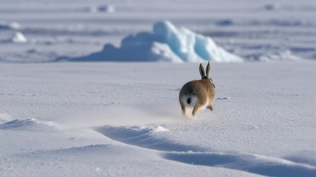 Arctic hare running across snow covered tundra with iceberg in background in the arctic circle