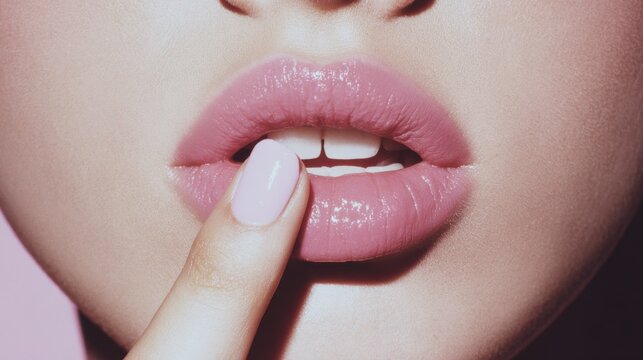 Close up shot shows a finger touching the mouth of a person wearing glossy pink lipstick