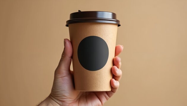 Hand holds recyclable paper cup with black circle for custom logo or text. Simple neutral background for mockups. Use for coffee shops cafes.