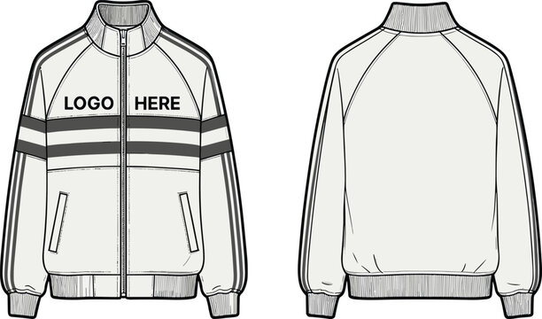 Men track jacket mockup front and back view, zip up sportswear template with logo placement, detailed outline vector illustration for apparel design