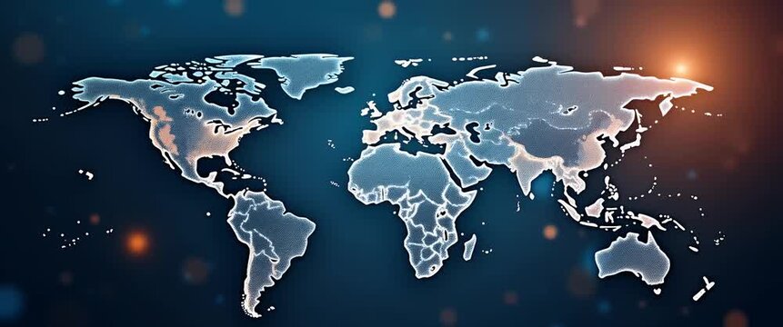 Glowing world map with gentle ambient motion, camera slowly panning across continents; cinematic style, ideal for global business, travel insights, or educational content.