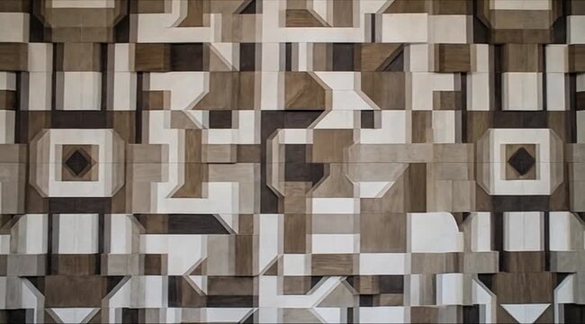Dynamic tessellated wall pattern featuring varied brown and white geometric shapes and textures