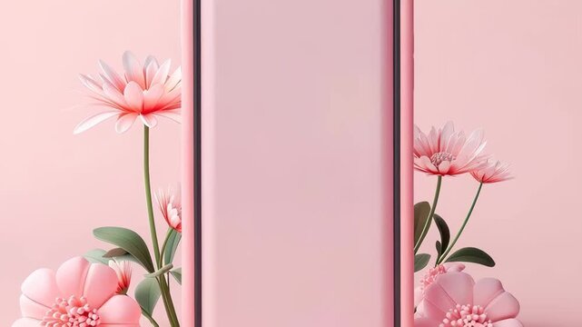 Slow zoom closeup of pink smartphone with blank screen among pastel flowers minimal aesthetic product mockup elegant mobile device showcase for Digital detox concept.