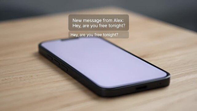 A smartphone on a wooden table displaying a new message from Alex