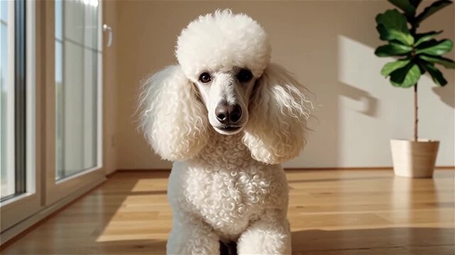 cute poodle dog close up in natural light slow motion at home