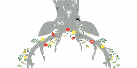 Stylized tree trunk with roots and colorful floral embellishments © Juran