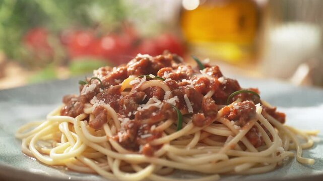 "Spaghetti Bolognese Served with Rosemary on a Plate - Presentation of the Main Course in a Sunny Italian Restaurant, Packshot, Dolly out