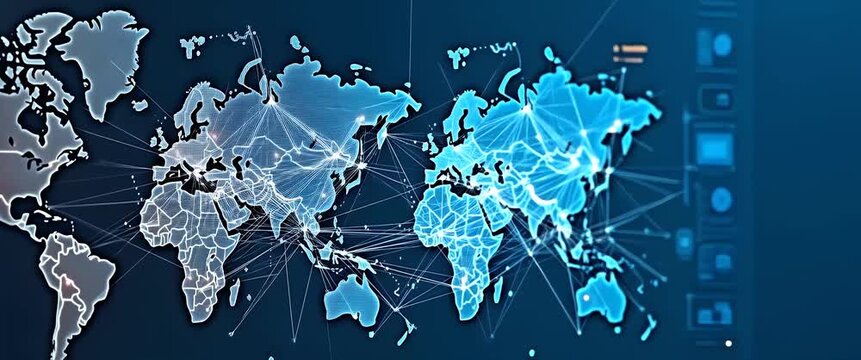 Cinematic digital world map with glowing network lines, gently pulsing as the camera slowly pans across, depicting global connectivity and technology in a futuristic style.