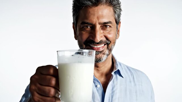 A man smiles while holding a glass of milk. The man showcases the milk enthusiastically, emphasizing the freshness of the drink.