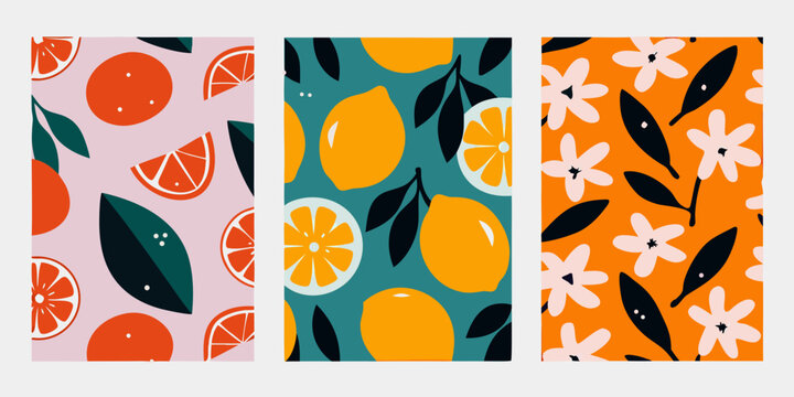 A vibrant trio of seamless patterns featuring citrus fruits and foliage