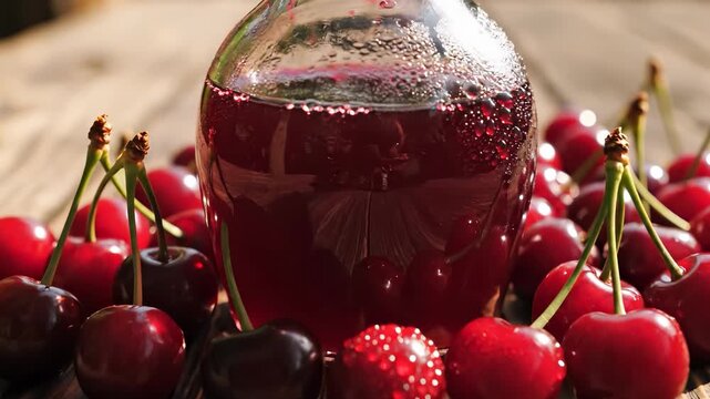 A bottle of cherry juice sits on a wooden table surrounded by fresh cherries. The cherries are vibrant, emphasizing the rich color of the cherry juice and the natural setting.