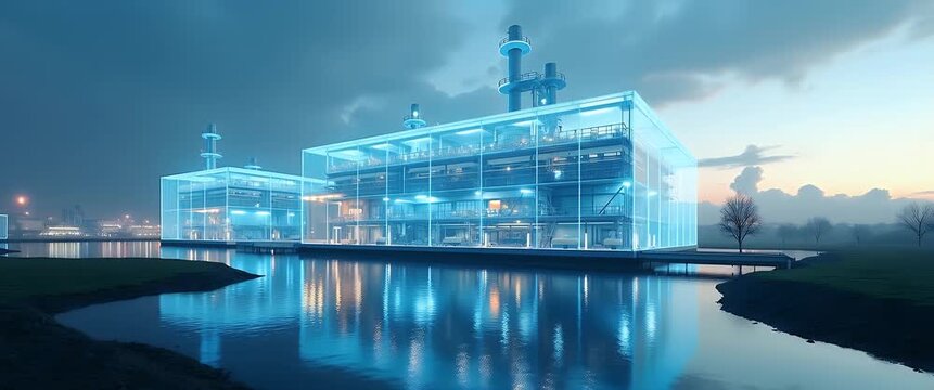 Futuristic glass factory emits soft blue glow as camera slowly pans across serene waterscape; gentle reflections ripple in cinematic twilight, highlighting industrial innovation.