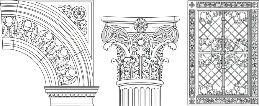 Collection of classical architectural elements includes a detailed Corinthian capital, an arched molding, and a decorative grille panel.