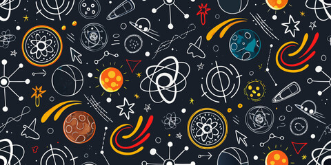 Cosmic doodles planets stars and atomic structures on dark background © Juran