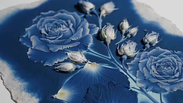 Cyanotype Print Of Blue Roses And Petals On Textured Paper With White Background