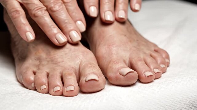 Elderly Hands and Feet with Neat Nails.