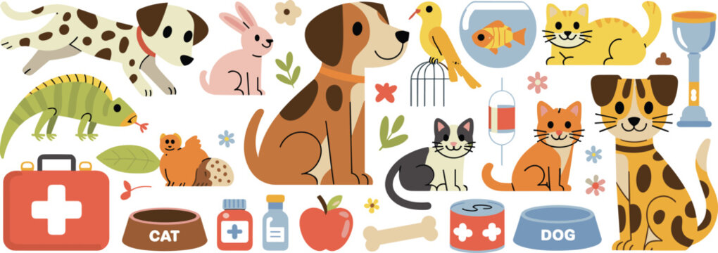 Pet care vector collection featuring domestic animals medical kit food bowls and veterinary supplies for animal clinic and pet shop.