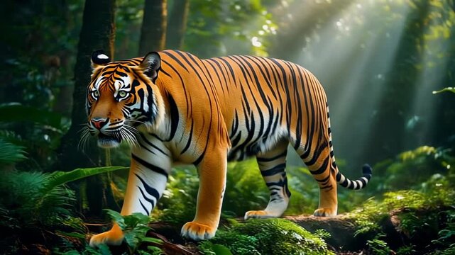 Bengal tiger prowling through lush jungle under sunbeams a majestic wildlife encounter video