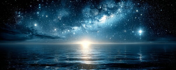 Fototapeta premium A beautiful night sky with a large starry sky and a calm ocean. space background concept.
