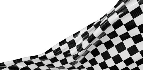 Fototapeta premium Black and white checkered racing flag waving, isolated on a white backdrop, perfect for motorsport and competition theme
