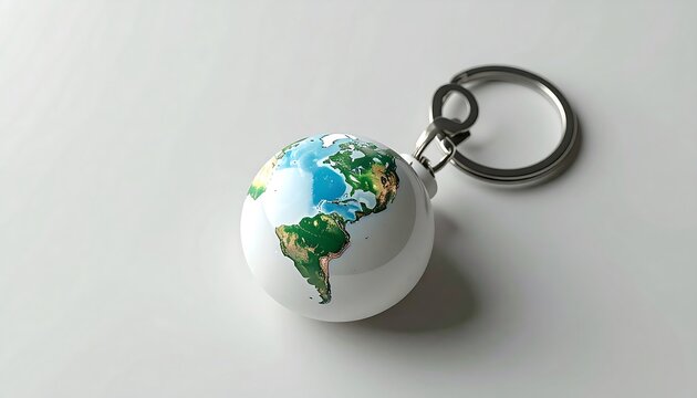 Globe-themed keychain with Earth design, minimalist world souvenir accessory in clean studio lighting.