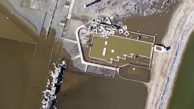 Abstract aerial of ruined thermal pools in flooded Villa Epecuen