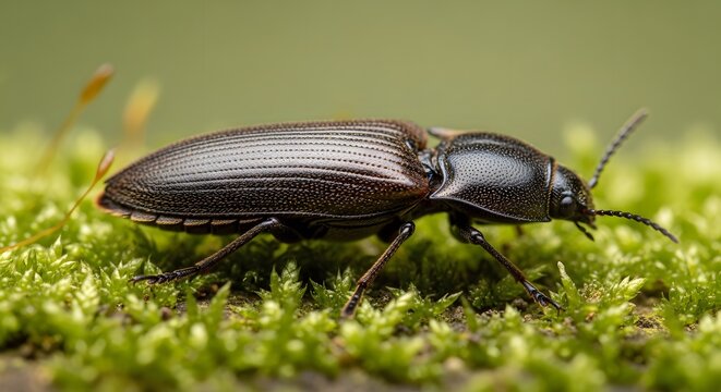 Macro Side View of a Click Beetle Crawling on Green Mossy Ground