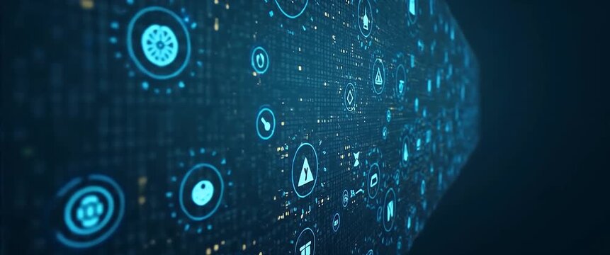 Futuristic digital interface glows on a laptop screen as camera slowly pans across a dimly lit office; a cinematic exploration of artificial intelligence and cybersecurity.